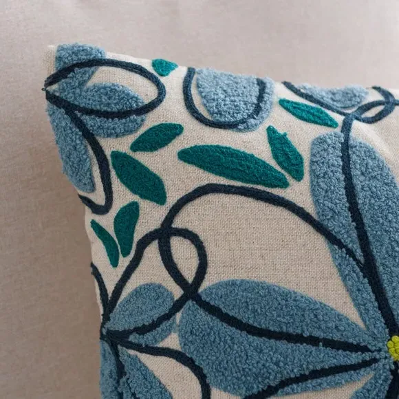 Square Cushion with Floral Embroidery - Blue