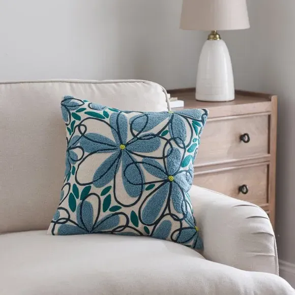 Square Cushion with Floral Embroidery - Blue image