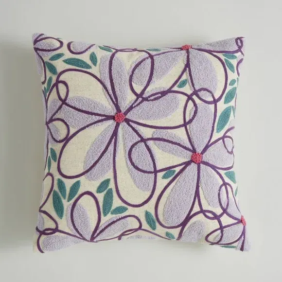 Square Cushion with Floral Embroidery - Lilac