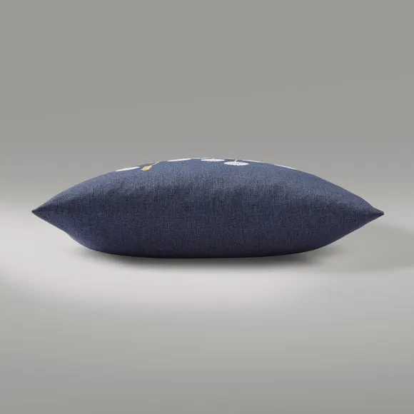 Square Cushion with Floral Embroidery - Navy, Cotton