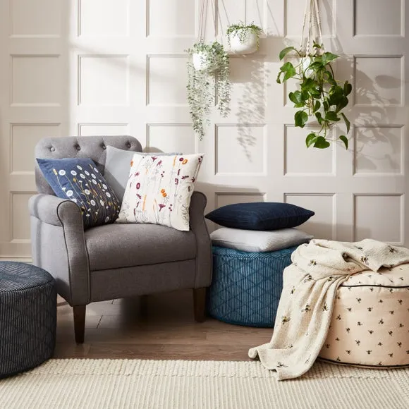 Square Cushion with Floral Embroidery - Navy, Cotton