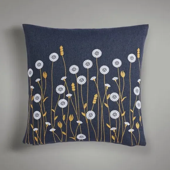 Square Cushion with Floral Embroidery - Navy, Cotton image