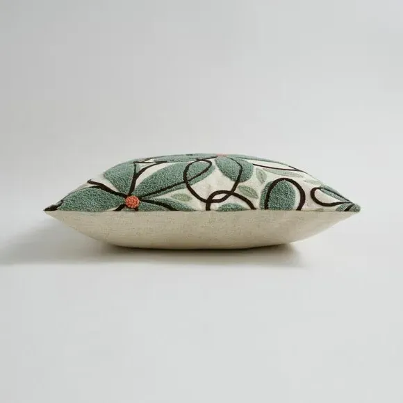 Square Cushion with Floral Embroidery - Sage