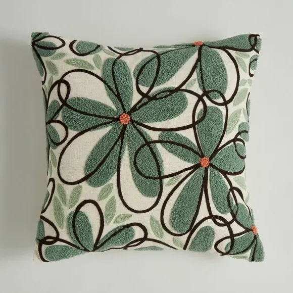 Square Cushion with Floral Embroidery - Sage
