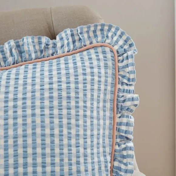 Square Cushion with Frill Edge - Blue, Cotton