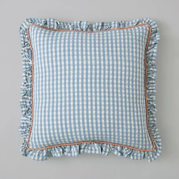 Square Cushion with Frill Edge - Blue, Cotton