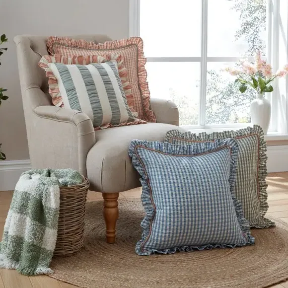 Square Cushion with Frill Edge - Blue, Cotton
