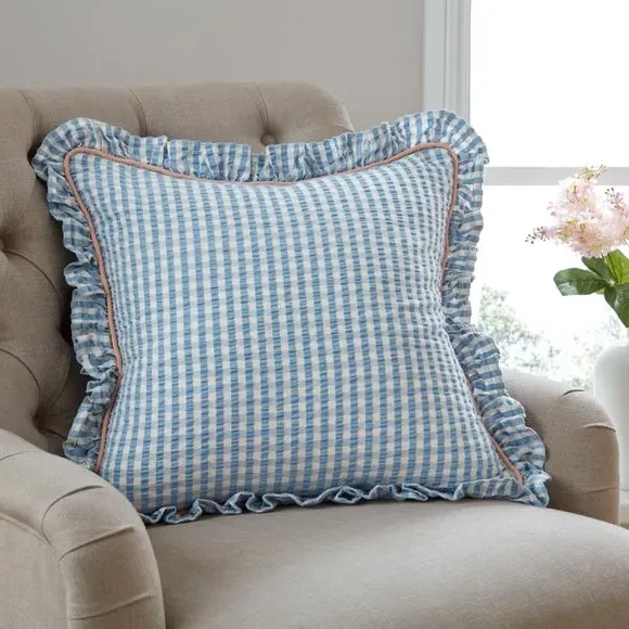 Square Cushion with Frill Edge - Blue, Cotton image