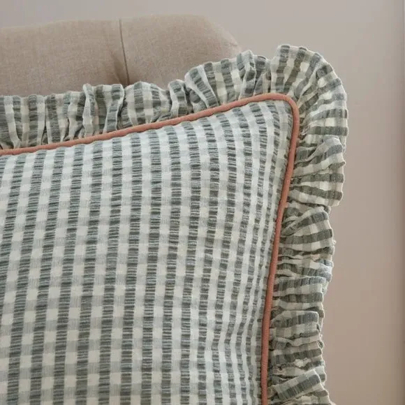 Square Cushion with Frill Edge - Green, Cotton