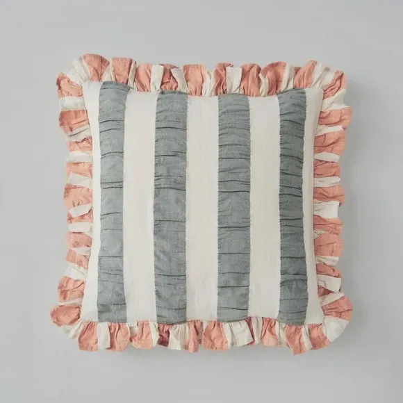 Square Cushion with Frill Edge - Green, Cotton