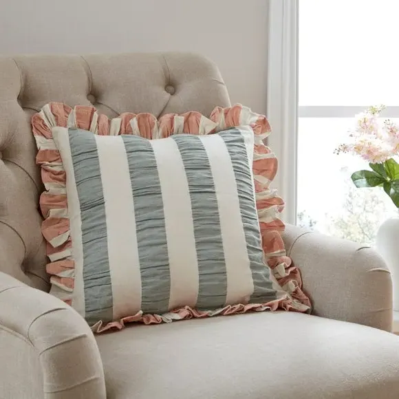 Square Cushion with Frill Edge - Green, Cotton image