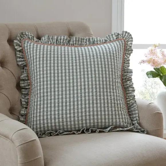 Square Cushion with Frill Edge - Green, Cotton
