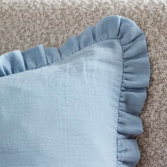 Square Cushion with Frilled Edge - Blue, Cotton