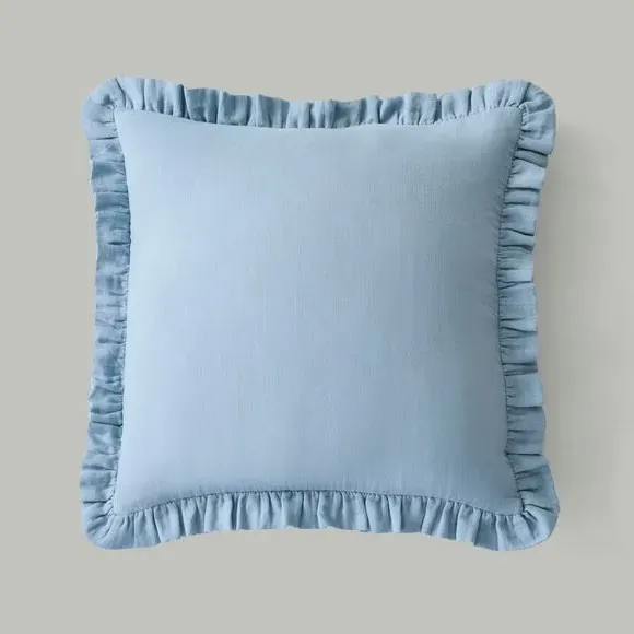 Square Cushion with Frilled Edge - Blue, Cotton