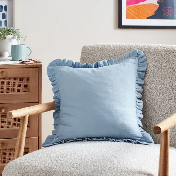 Square Cushion with Frilled Edge - Blue, Cotton