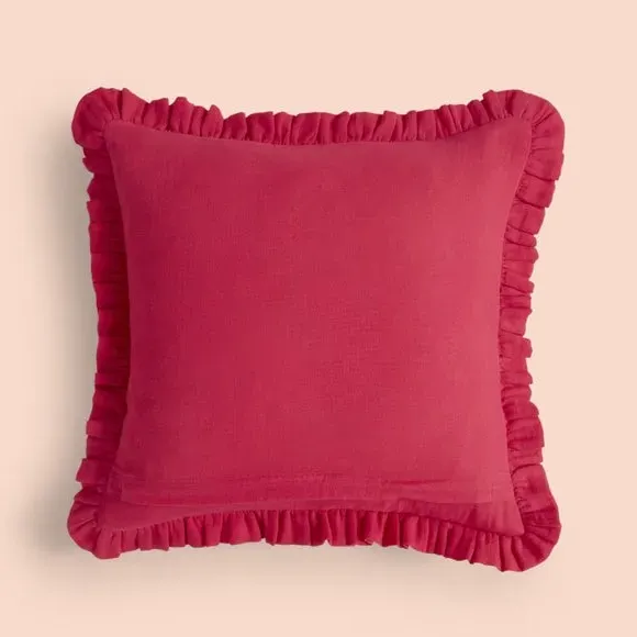 Square Cushion with Frilled Edge - Fuchsia, Cotton