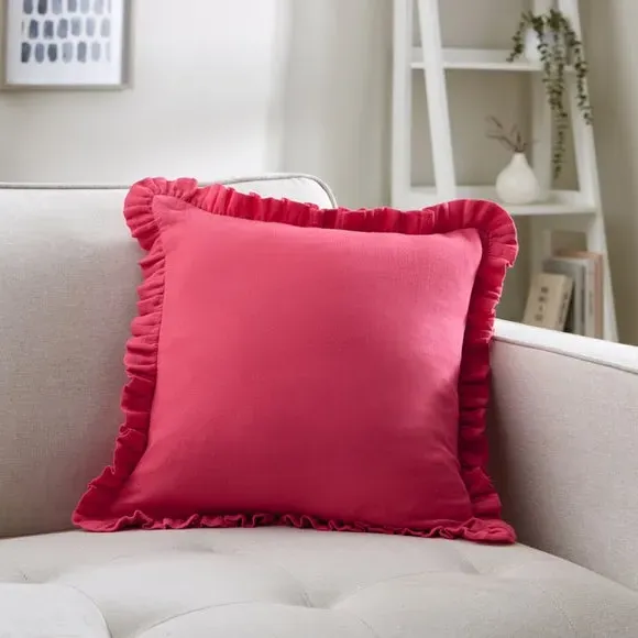 Square Cushion with Frilled Edge - Fuchsia, Cotton