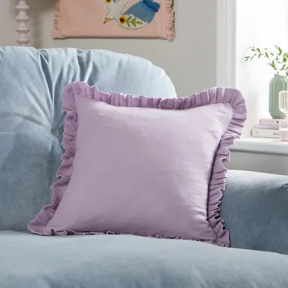 Square Cushion with Frilled Edge - Lilac, Cotton