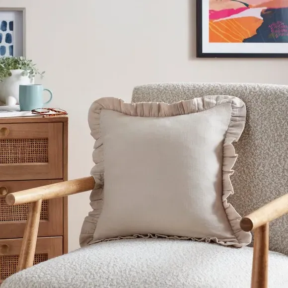 Square Cushion with Frilled Edge - Natural, Cotton
