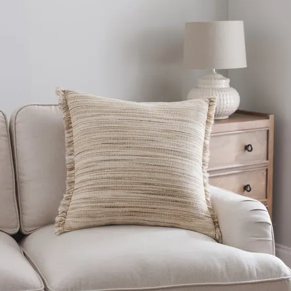 Square Cushion with Fringe - Biscuit, Cotton