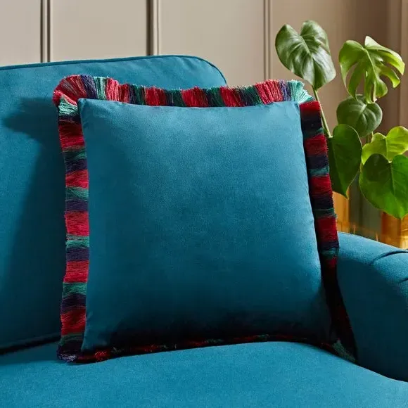 Square Cushion with Fringe Edge - Peacock