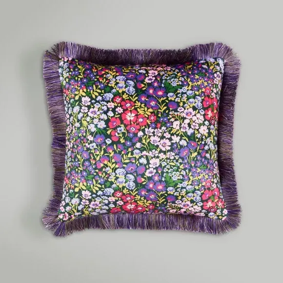 Square Cushion with Fringe - Purple, Floral