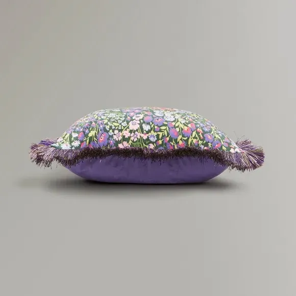 Square Cushion with Fringe - Purple, Floral