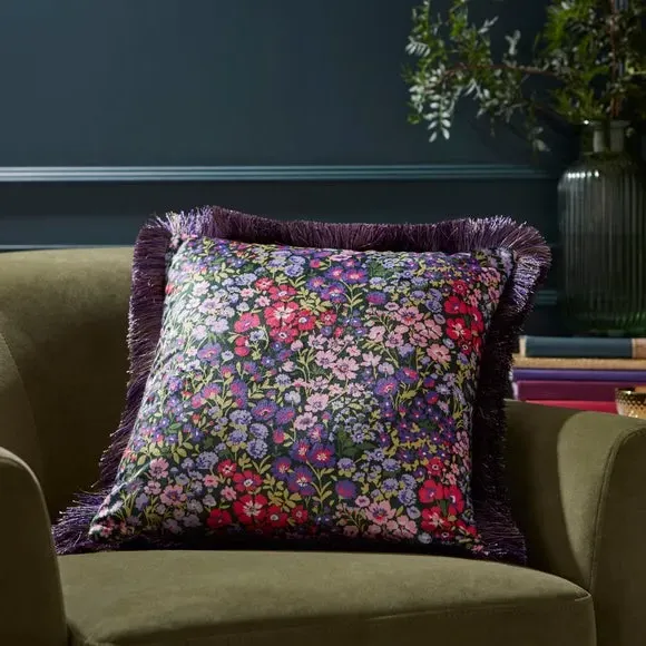Square Cushion with Fringe - Purple, Floral