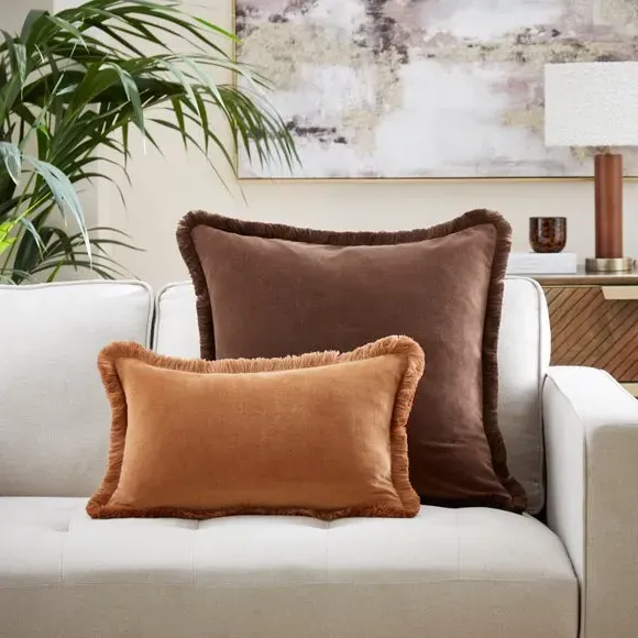 Square Cushion with Fringe Trim - Caramel, Cotton