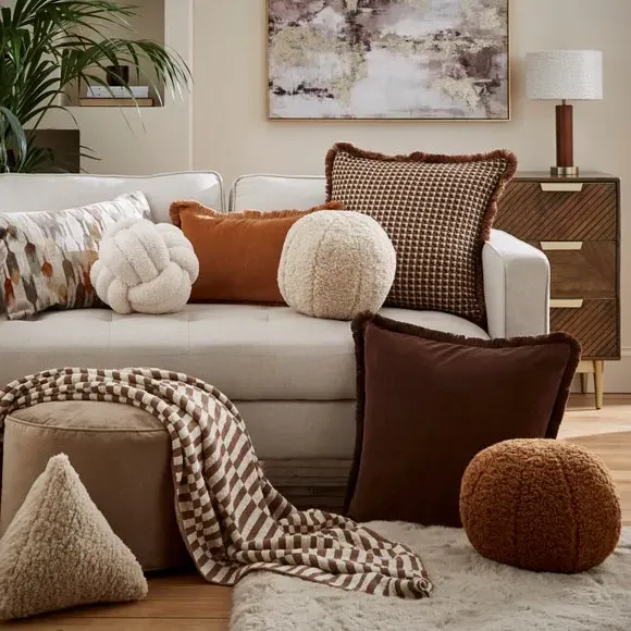 Square Cushion with Fringe Trim - Caramel, Cotton