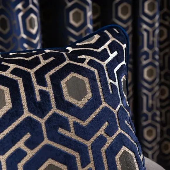 Square Cushion with Geometric Design - Navy, Velvet