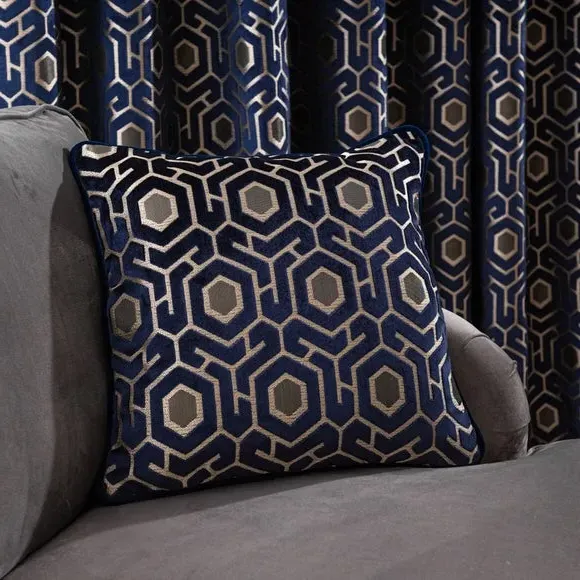 Square Cushion with Geometric Design - Navy, Velvet
