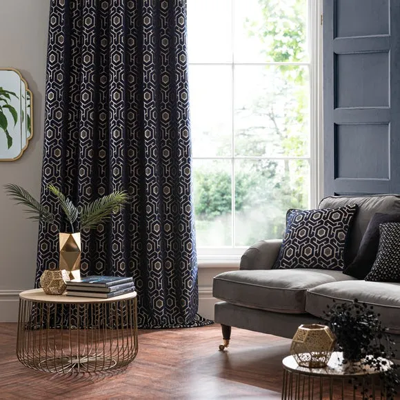 Square Cushion with Geometric Design - Navy, Velvet