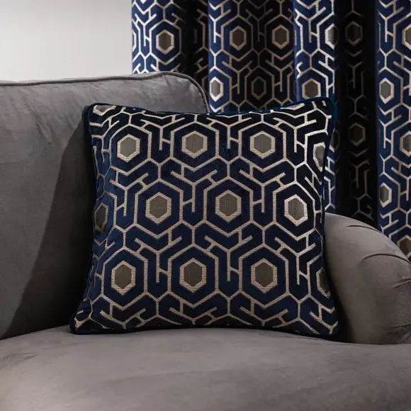 Square Cushion with Geometric Design - Navy, Velvet image