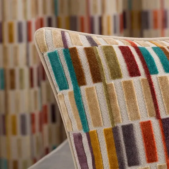 Square Cushion with Geometric Pattern - Natural, Velvet