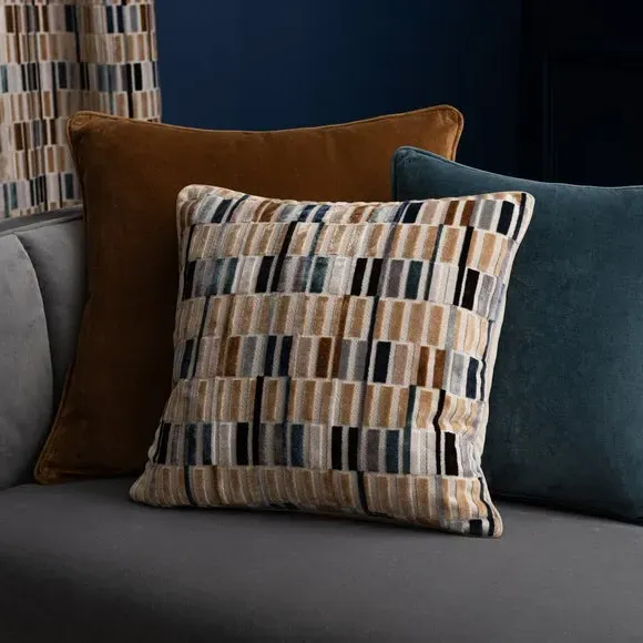 Square Cushion with Geometric Pattern - Navy, Velvet
