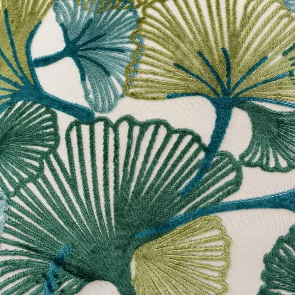 Square Cushion with Leaf Design - Green, Velvet