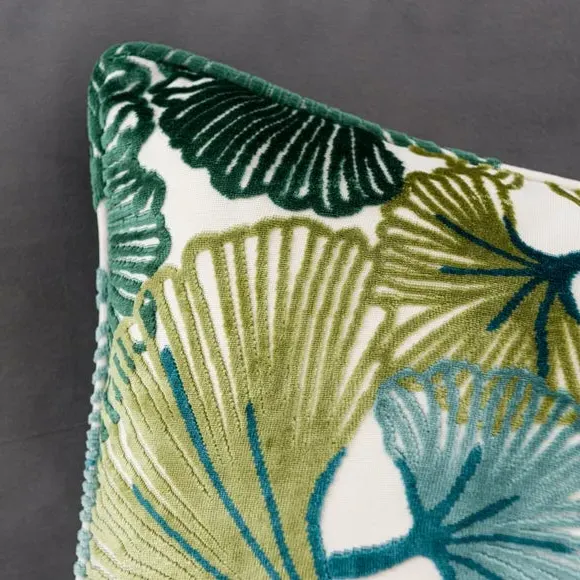 Square Cushion with Leaf Design - Green, Velvet