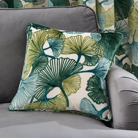 Square Cushion with Leaf Design - Green, Velvet image