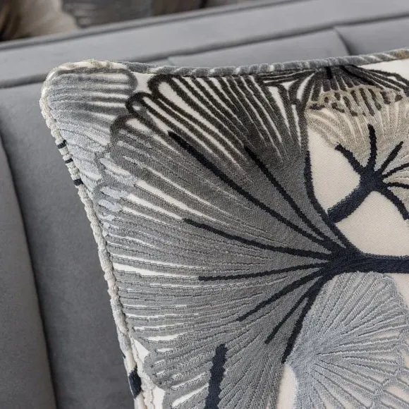 Square Cushion with Leaf Design - Grey, Velvet