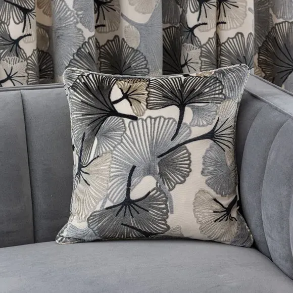 Square Cushion with Leaf Design - Grey, Velvet