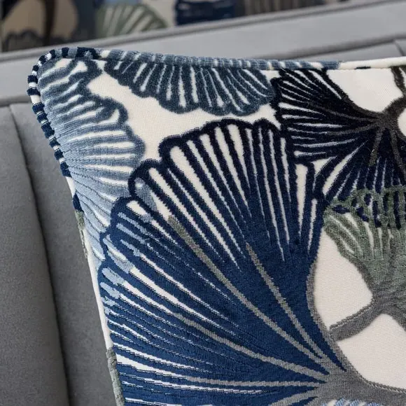 Square Cushion with Leaf Design - Navy, Velvet