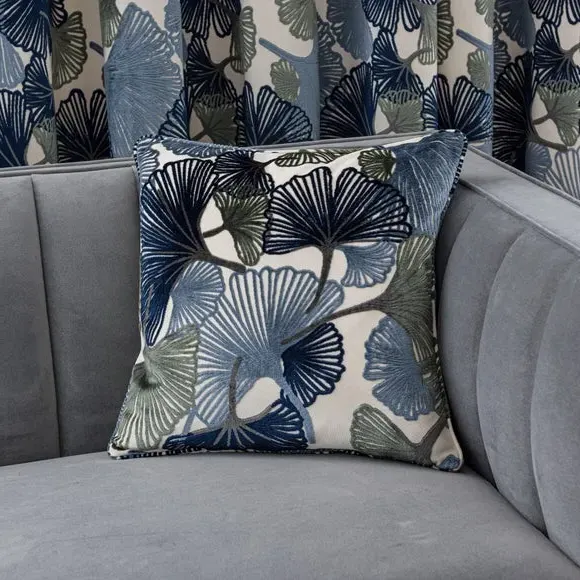 Square Cushion with Leaf Design - Navy, Velvet