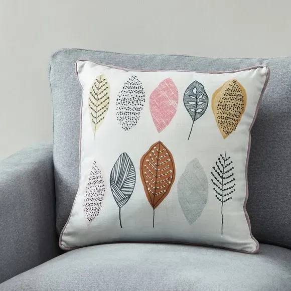Square Cushion with Leaf Print - Multicolor