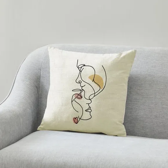 Square Cushion with Line Art - Natural, Fabric image