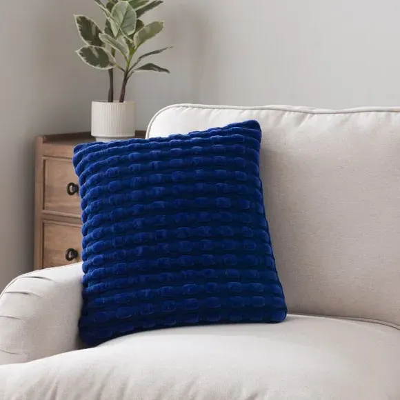 Square Cushion with Looped Detail - Cobalt, Velvet