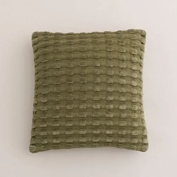 Square Cushion with Looped Detail - Olive, Velvet