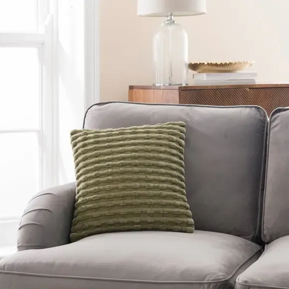 Square Cushion with Looped Detail - Olive, Velvet