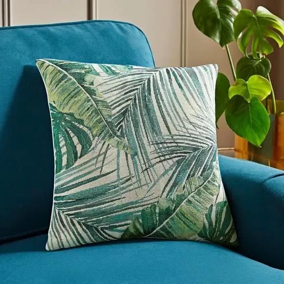 Square Cushion with Palm Leaf Print - Green image