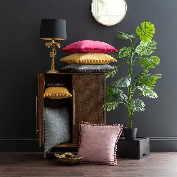 Square Cushion with Pompom Detail - Blush, Chenille